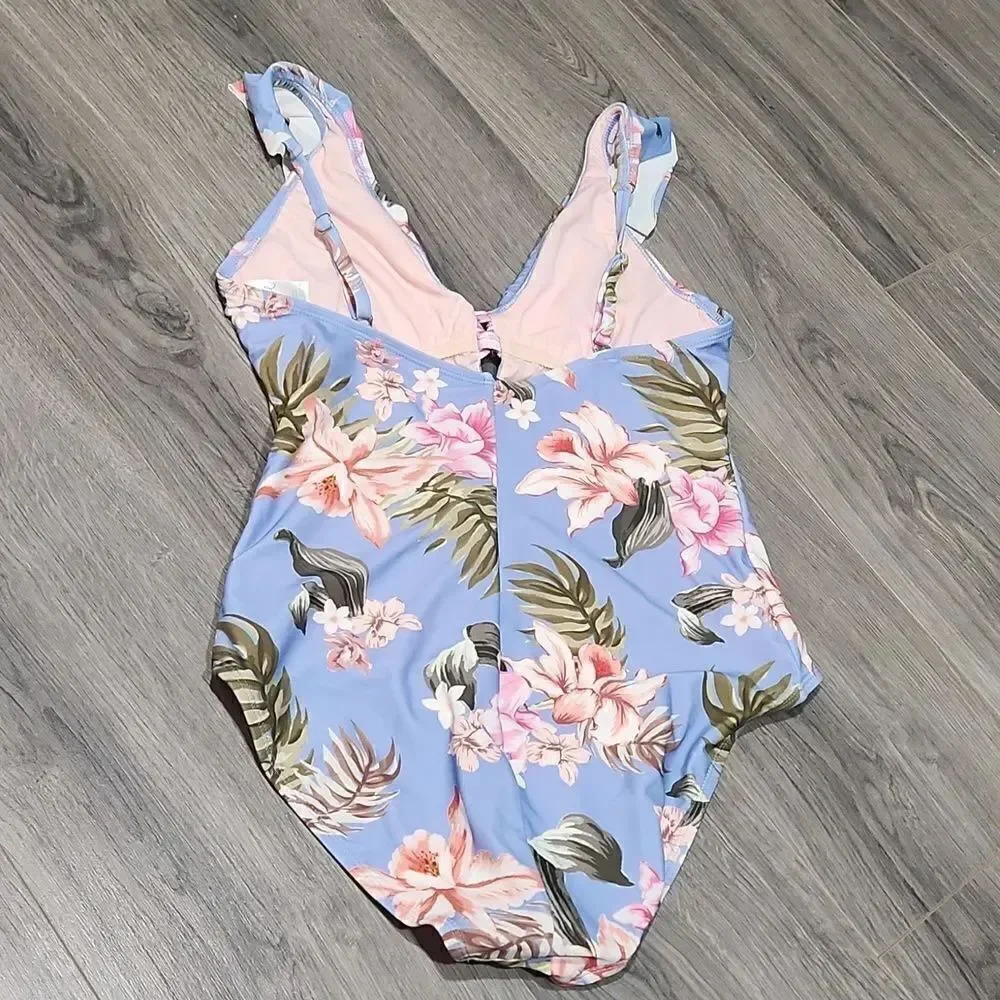 EUC Kona Sol Blue Floral Ruffle One Piece Swimsuit